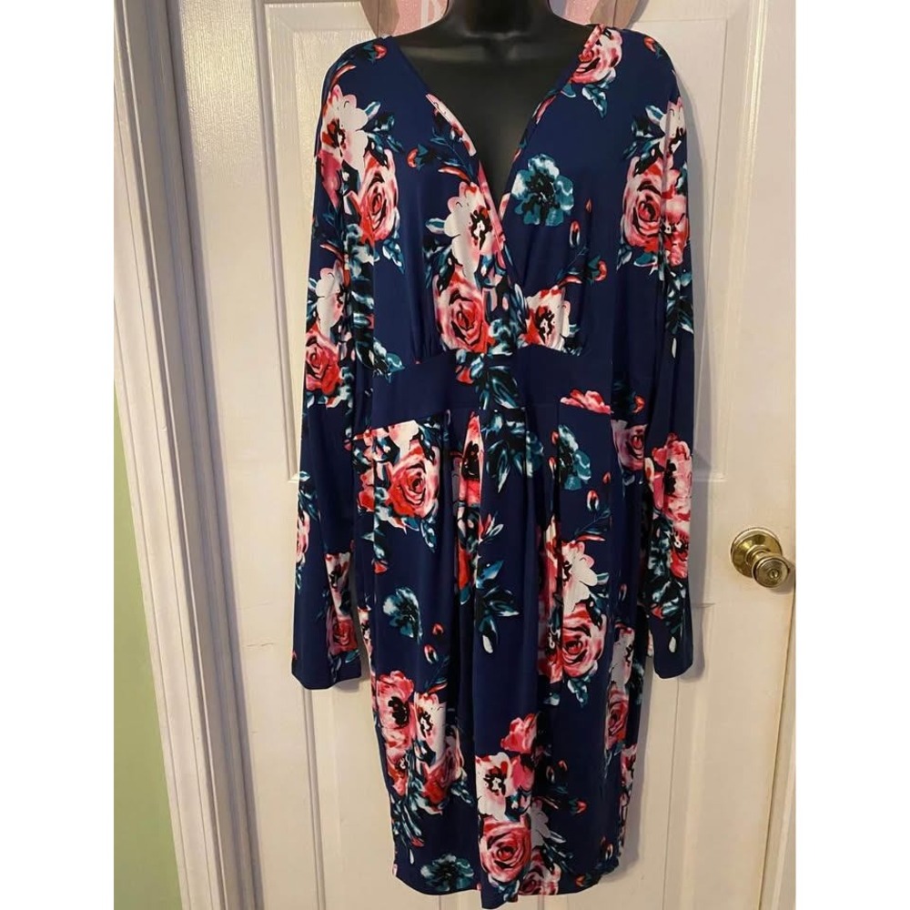 Faux Wrap Dress Womens 5XL. Navy Blue Floral V-Neck Long Sleeve NWT